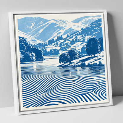 Grasmere in Cobalt Blue lake district lake canvas wall art in white frame