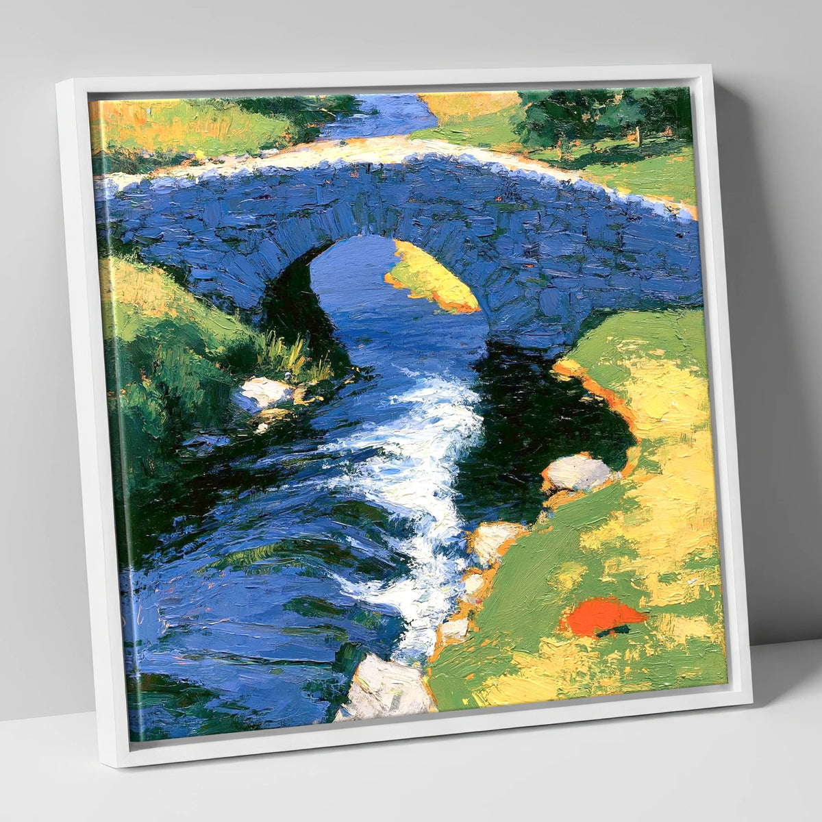 Sunlit Stone Bridge and Beck lake district waterfall canvas wall art in white frame