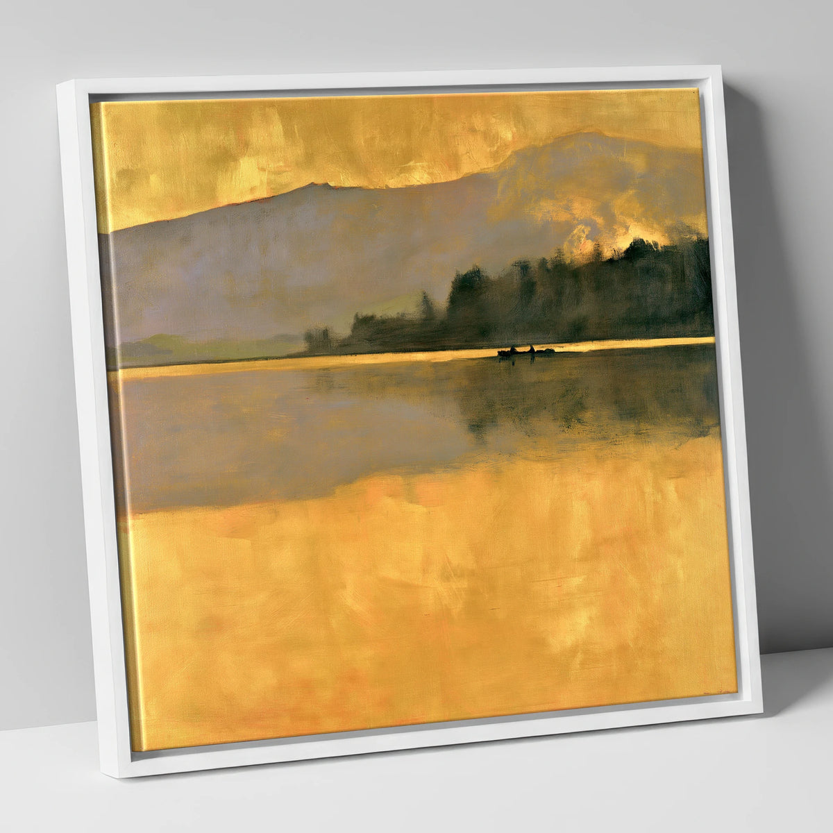 Still Lake in Golden Dawn lake district lake canvas wall art in white frame