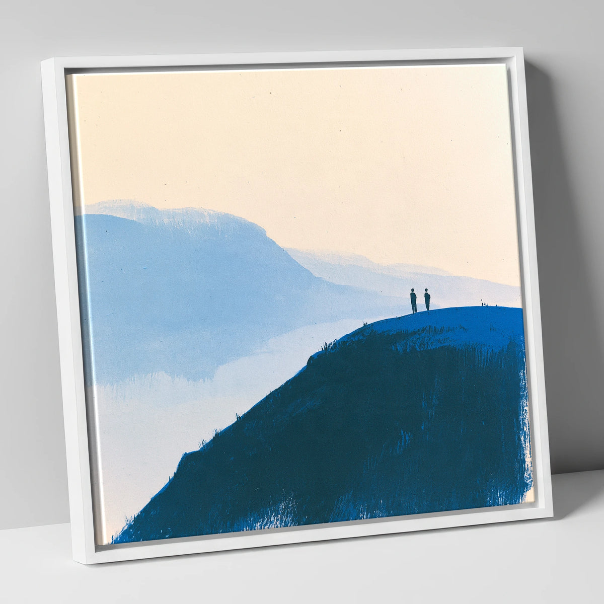 Silhouettes on a Blue Summit lake district fell canvas wall art in white frame