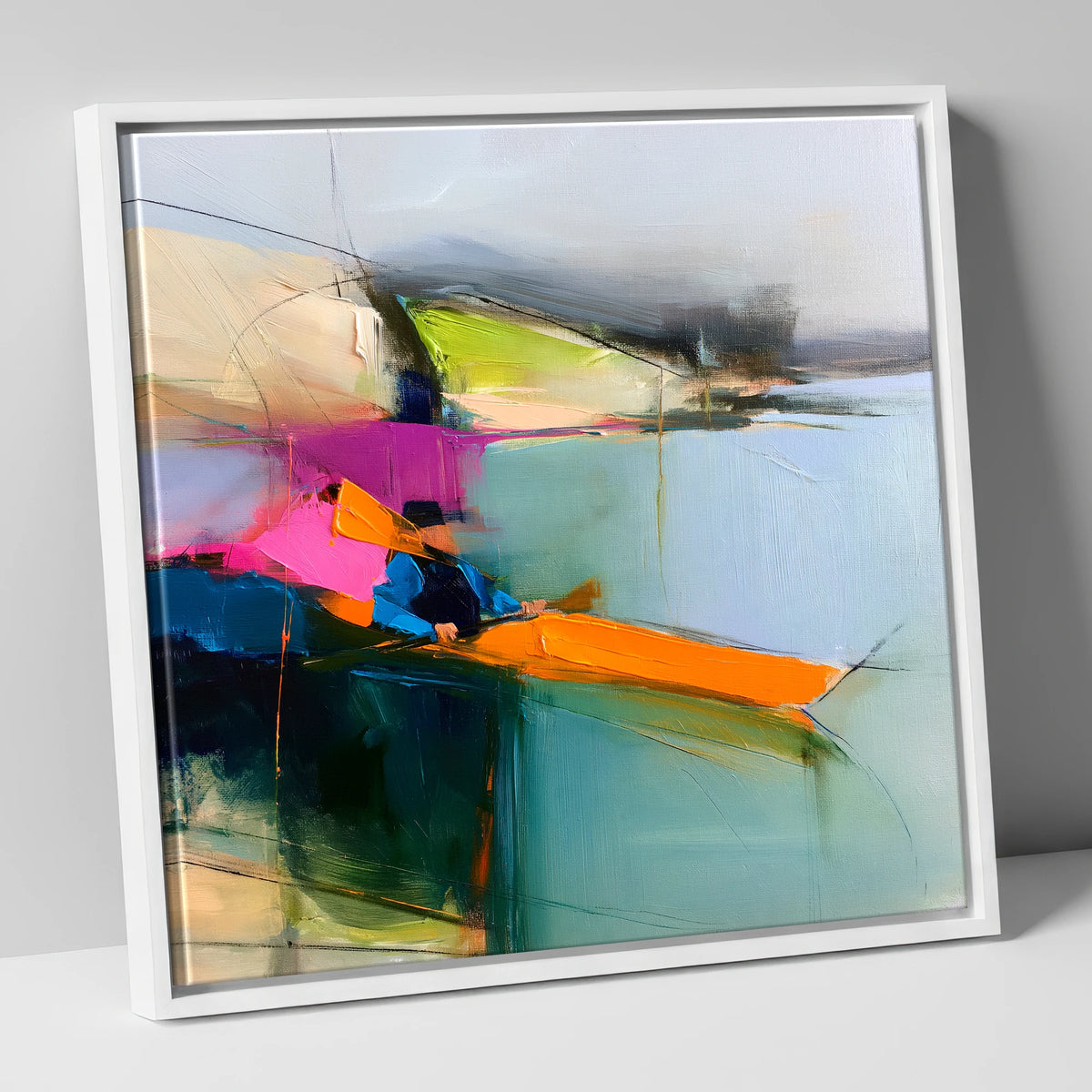 Vibrant Orange Kayak on the Lake lake district walking canvas wall art in white frame