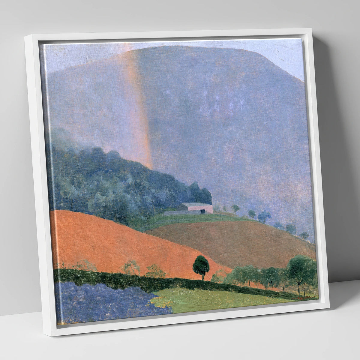 Fell Barn Under a Rainbow lake district sky canvas wall art in white frame