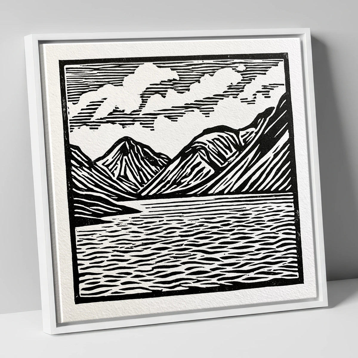 Wastwater Fells in Monochrome lake district lake canvas wall art in white frame