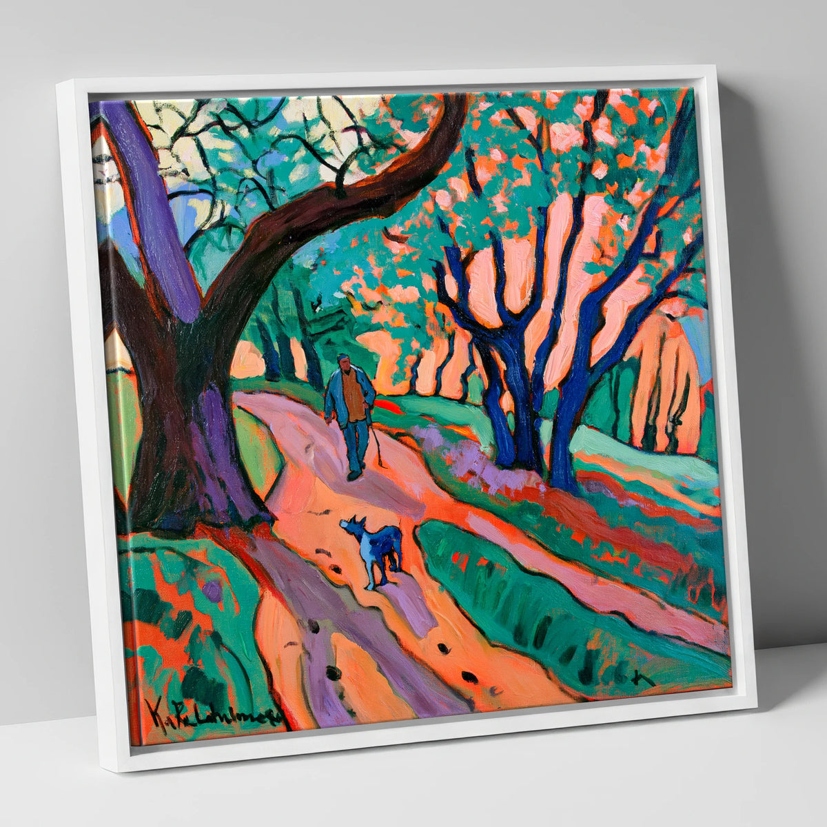 Vibrant Ambleside Woodland Dog Walk gifts for dog walkers canvas wall art in white frame