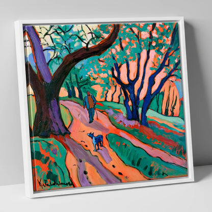 Vibrant Ambleside Woodland Dog Walk gifts for dog walkers canvas wall art in white frame