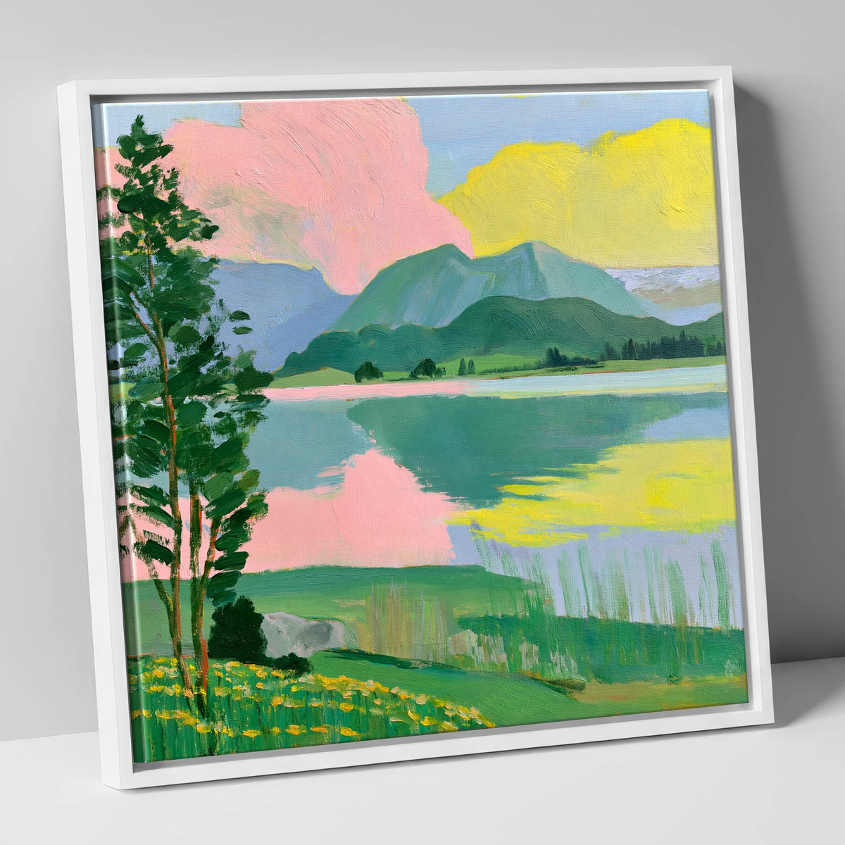 Vibrant Lake With Pink Clouds lake district lake canvas wall art in white frame
