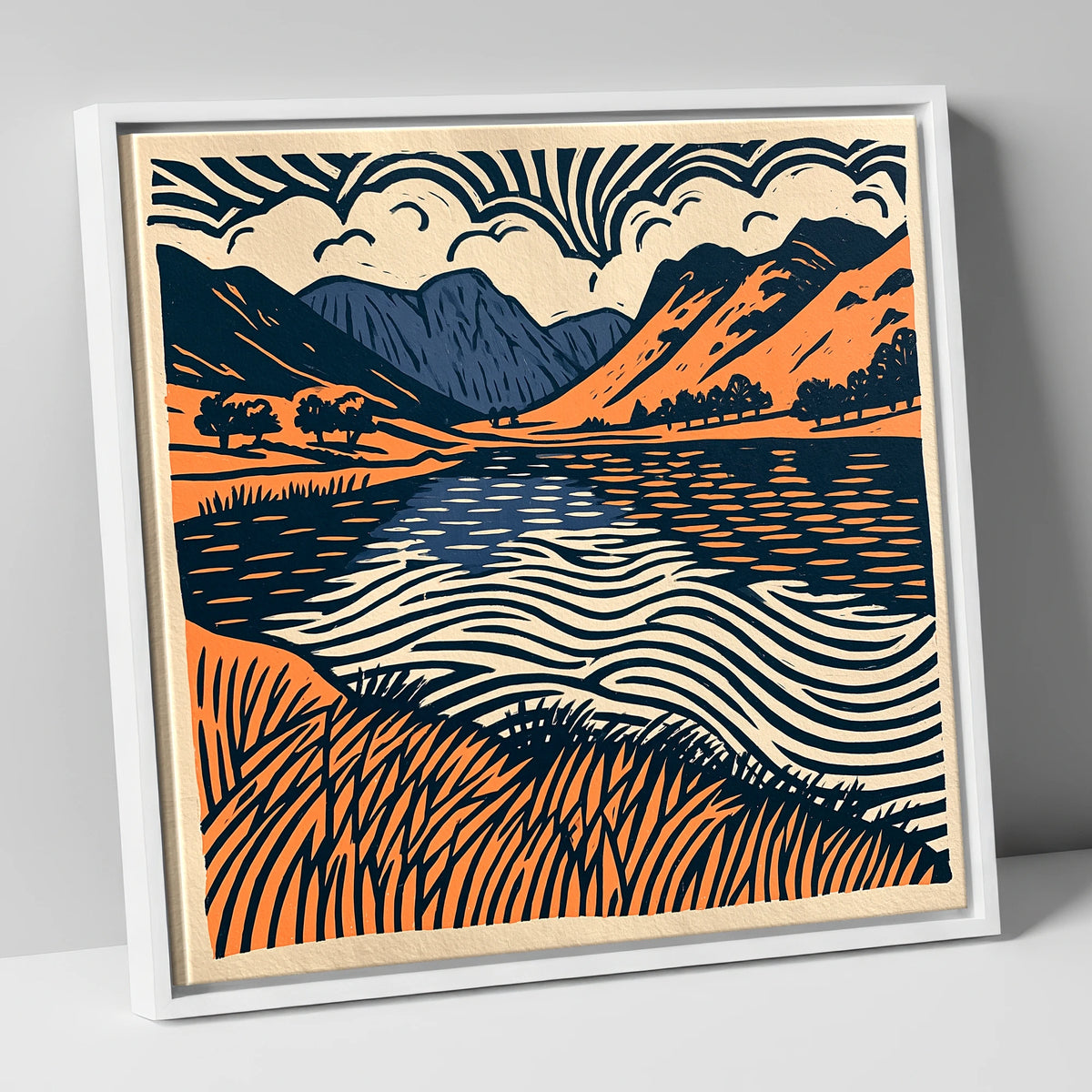 Calm Lake in Navy and Terracotta lake district lake canvas wall art in white frame