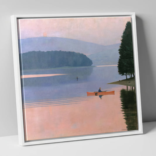 Sunrise Kayak on Pastel Waters lake district walking canvas wall art in white frame
