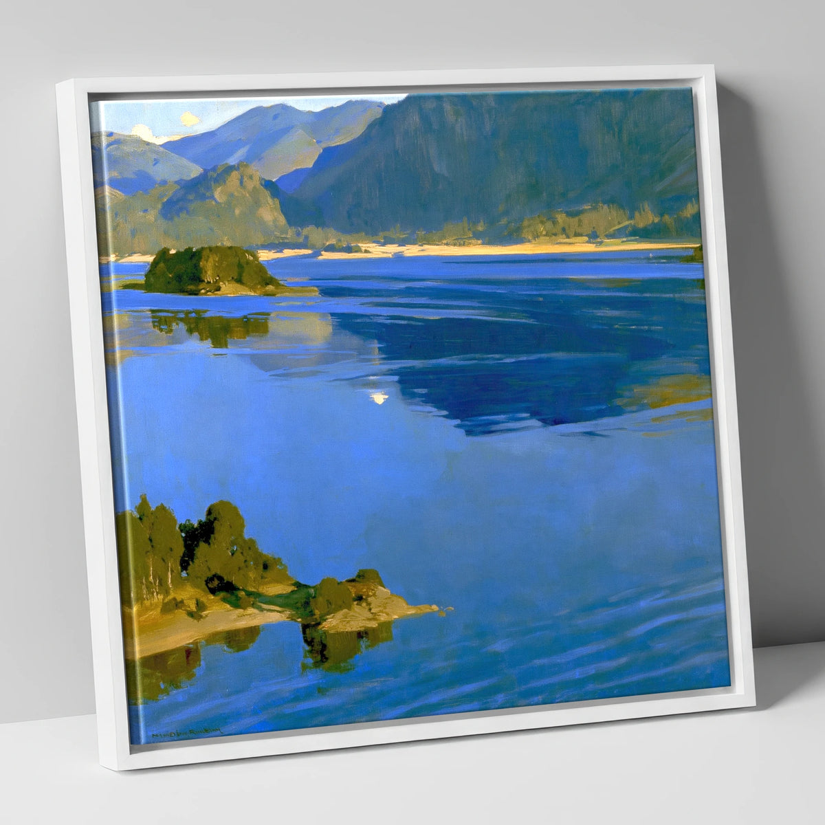 Deep Blue Derwentwater and Catbells lake district lake canvas wall art in white frame