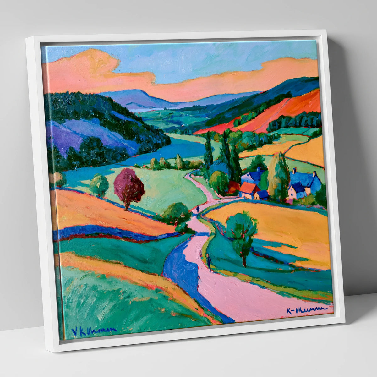 Vibrant Valley Between The Fells lake district valley canvas wall art in white frame