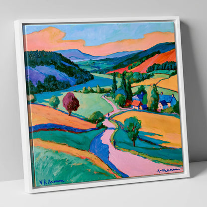 Vibrant Valley Between The Fells lake district valley canvas wall art in white frame