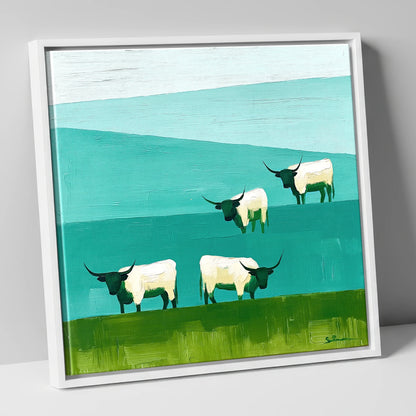Highland Cattle Against Teal Fells lake district wildlife canvas wall art in white frame