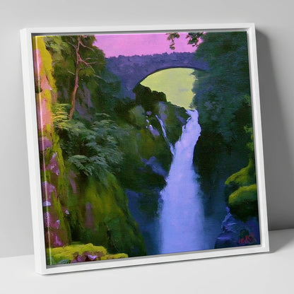 Aira Force Waterfall Magenta Sky lake district waterfall canvas wall art in white frame