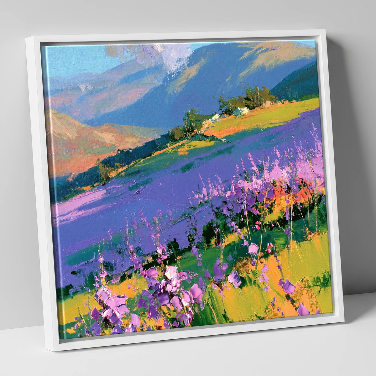 Vibrant Heather on a Lakeland Fellside flowers & fellsides canvas wall art in white frame