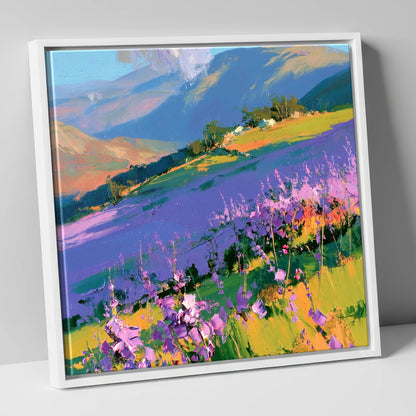 Vibrant Heather on a Lakeland Fellside flowers & fellsides canvas wall art in white frame