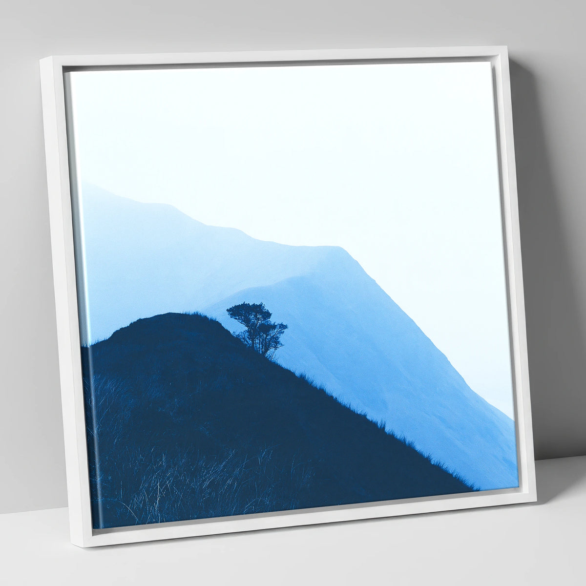 Lone Tree on Blue Ridge lake district fell canvas wall art in white frame