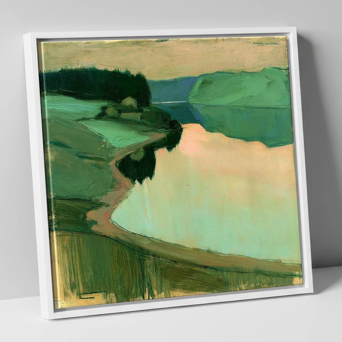 Still Lake at Peach Dawn lake district lake canvas wall art in white frame