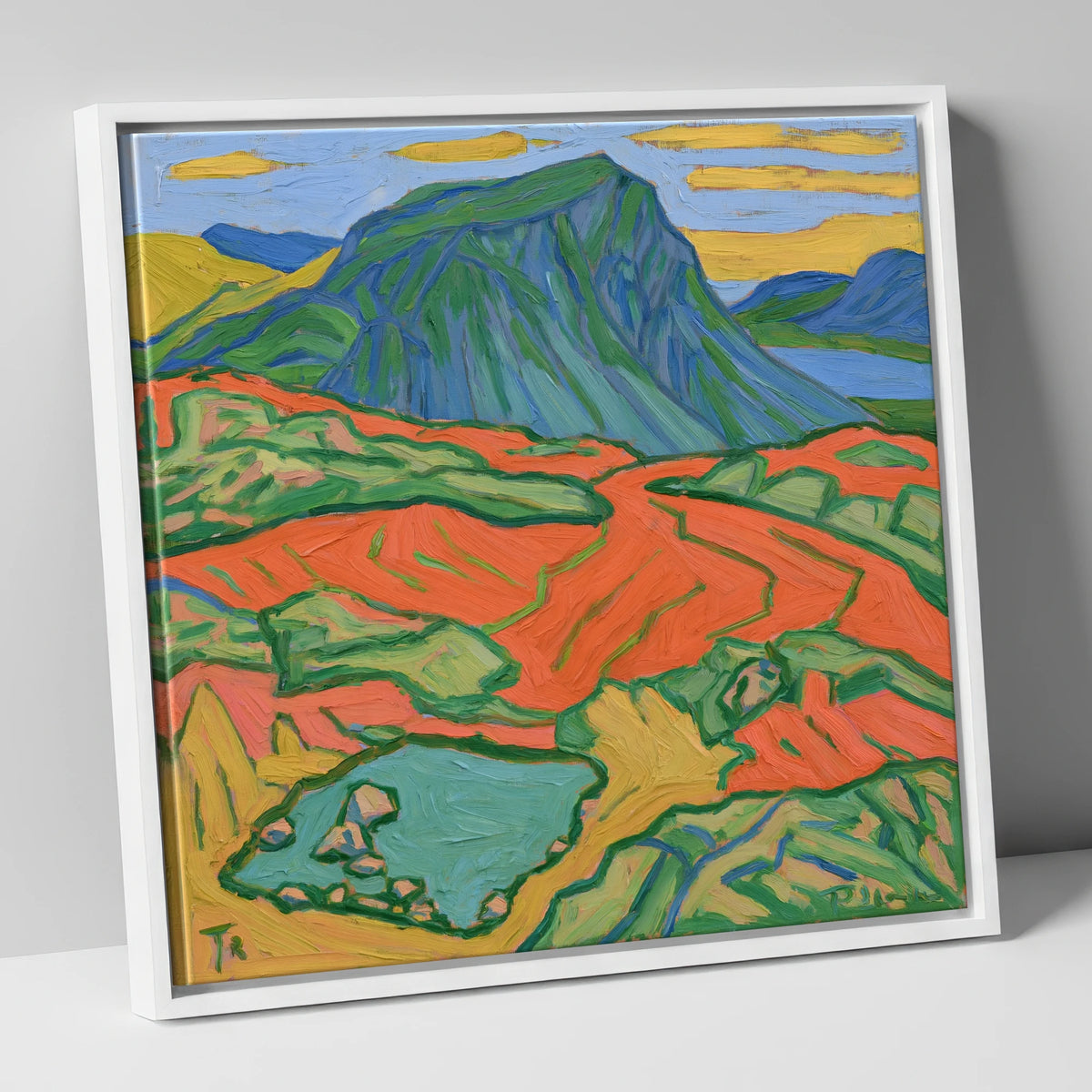 Vivid Haystacks Fell and Tarn lake district fell canvas wall art in white frame