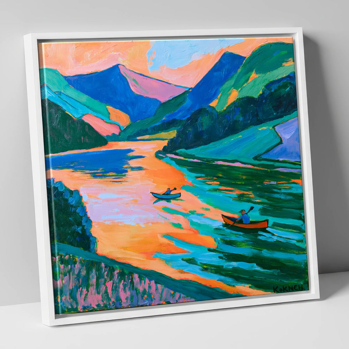 Lake Kayaking in Vivid Colour lake district walking canvas wall art in white frame
