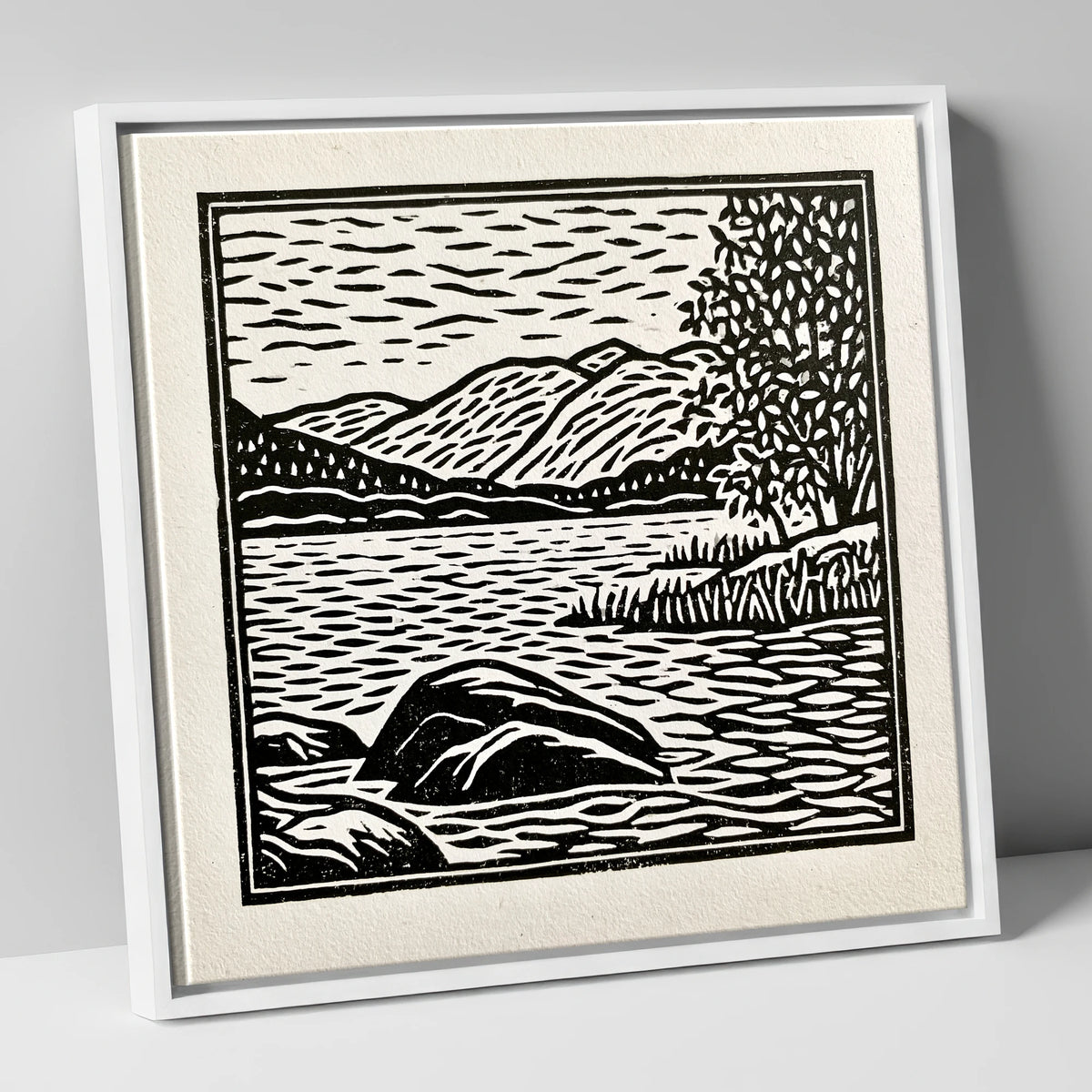 Monochrome Coniston Water Fells lake district lake canvas wall art in white frame