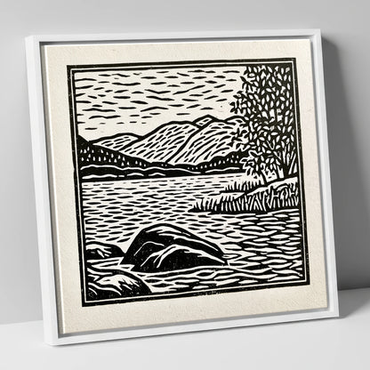 Monochrome Coniston Water Fells lake district lake canvas wall art in white frame