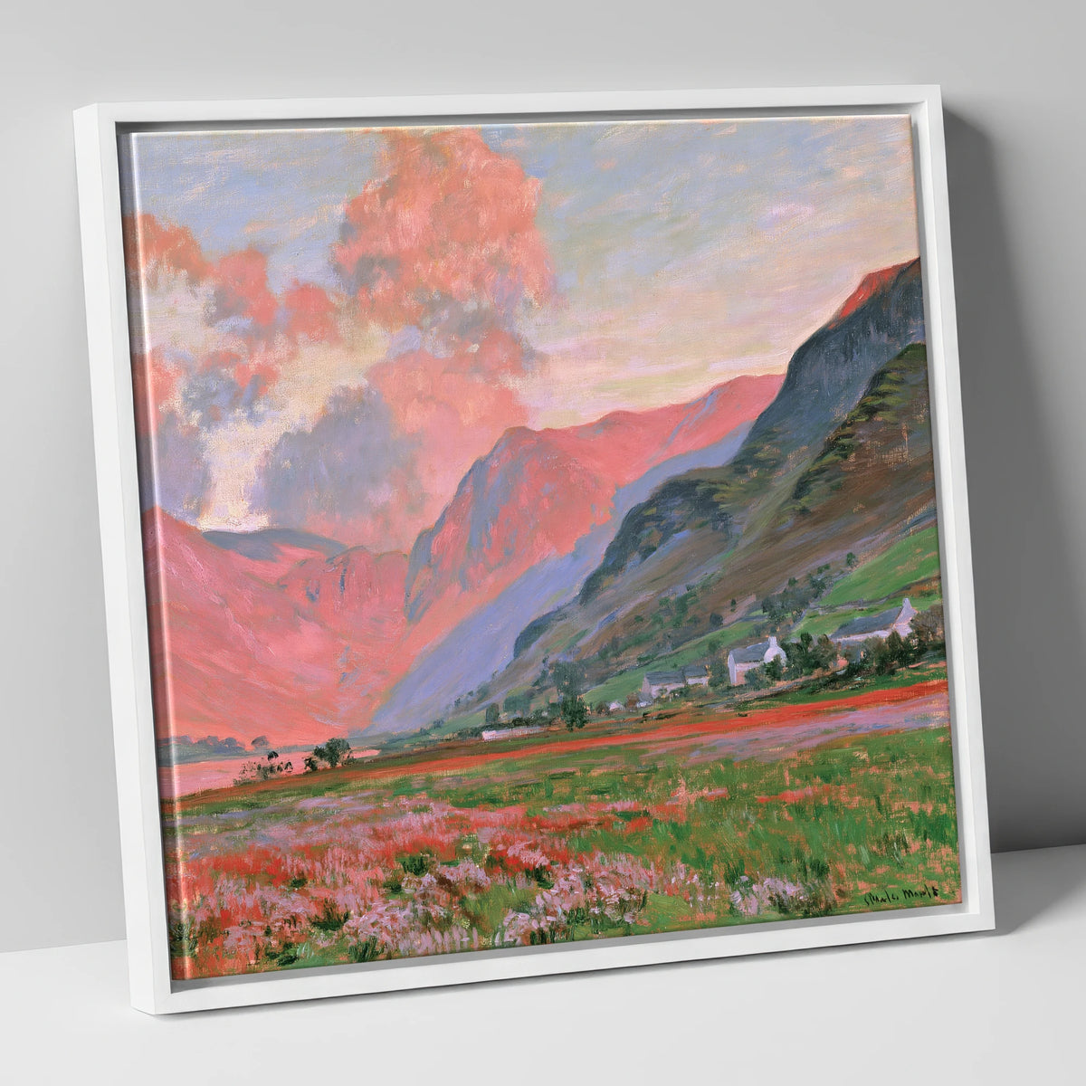 Radiant Pink Sunset Over Fells lake district fell canvas wall art in white frame