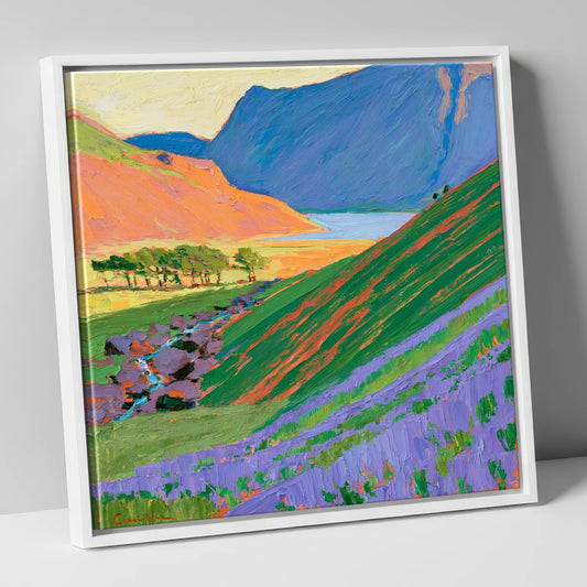 Vibrant Rannerdale and Crummock Water lake district lake canvas wall art in white frame