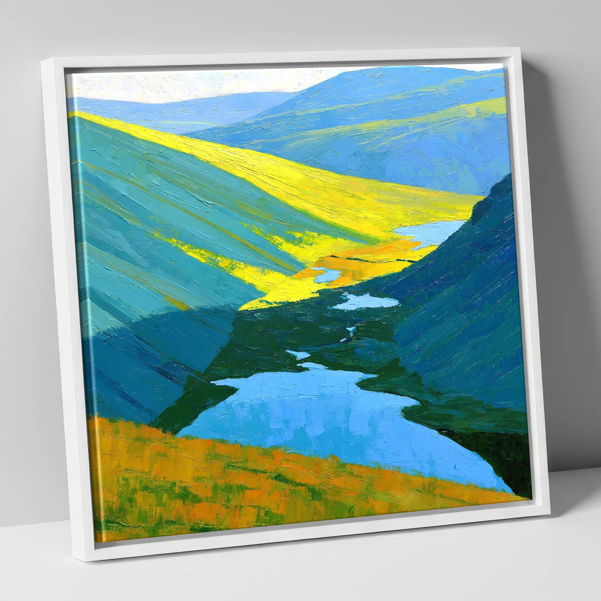 Sunlit Fells over Deep Blue Tarns lake district fell canvas wall art in white frame