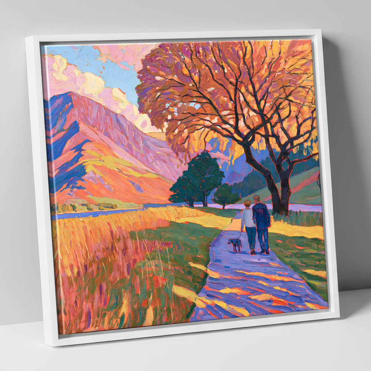 Autumn Dog Walk at Buttermere gifts for dog walkers canvas wall art in white frame