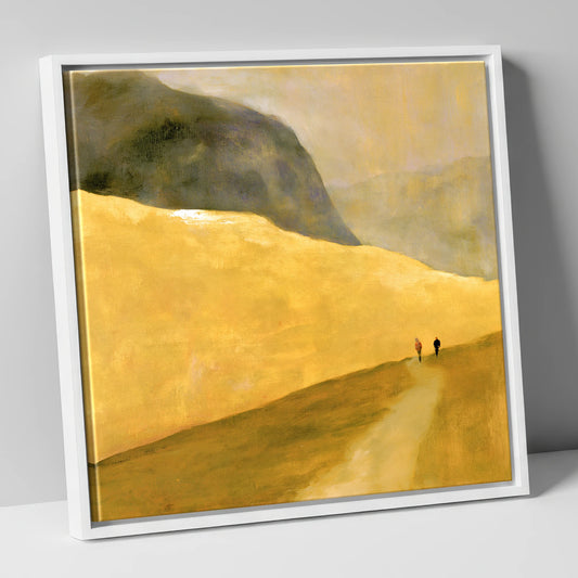 Walkers on a Golden Fell lake district walking canvas wall art in white frame