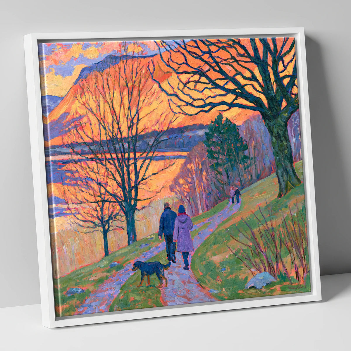 Vibrant Sunset Dog Walk Keswick gifts for dog walkers canvas wall art in white frame