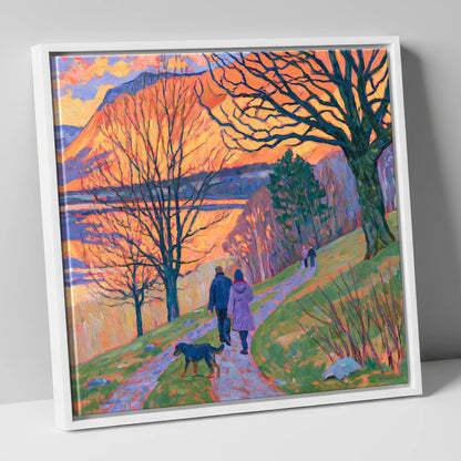Vibrant Sunset Dog Walk Keswick gifts for dog walkers canvas wall art in white frame