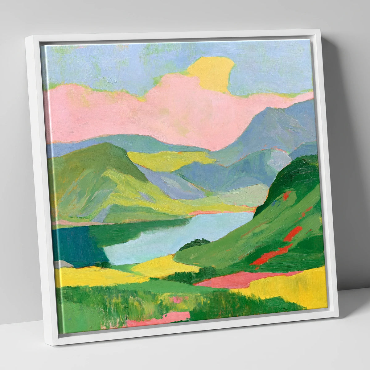 Vibrant Fells and Mountain Lake lake district lake canvas wall art in white frame