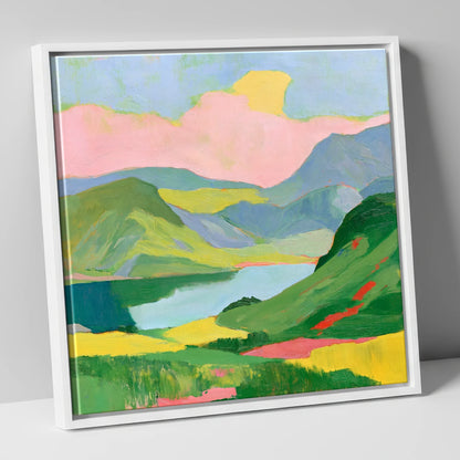 Vibrant Fells and Mountain Lake lake district lake canvas wall art in white frame
