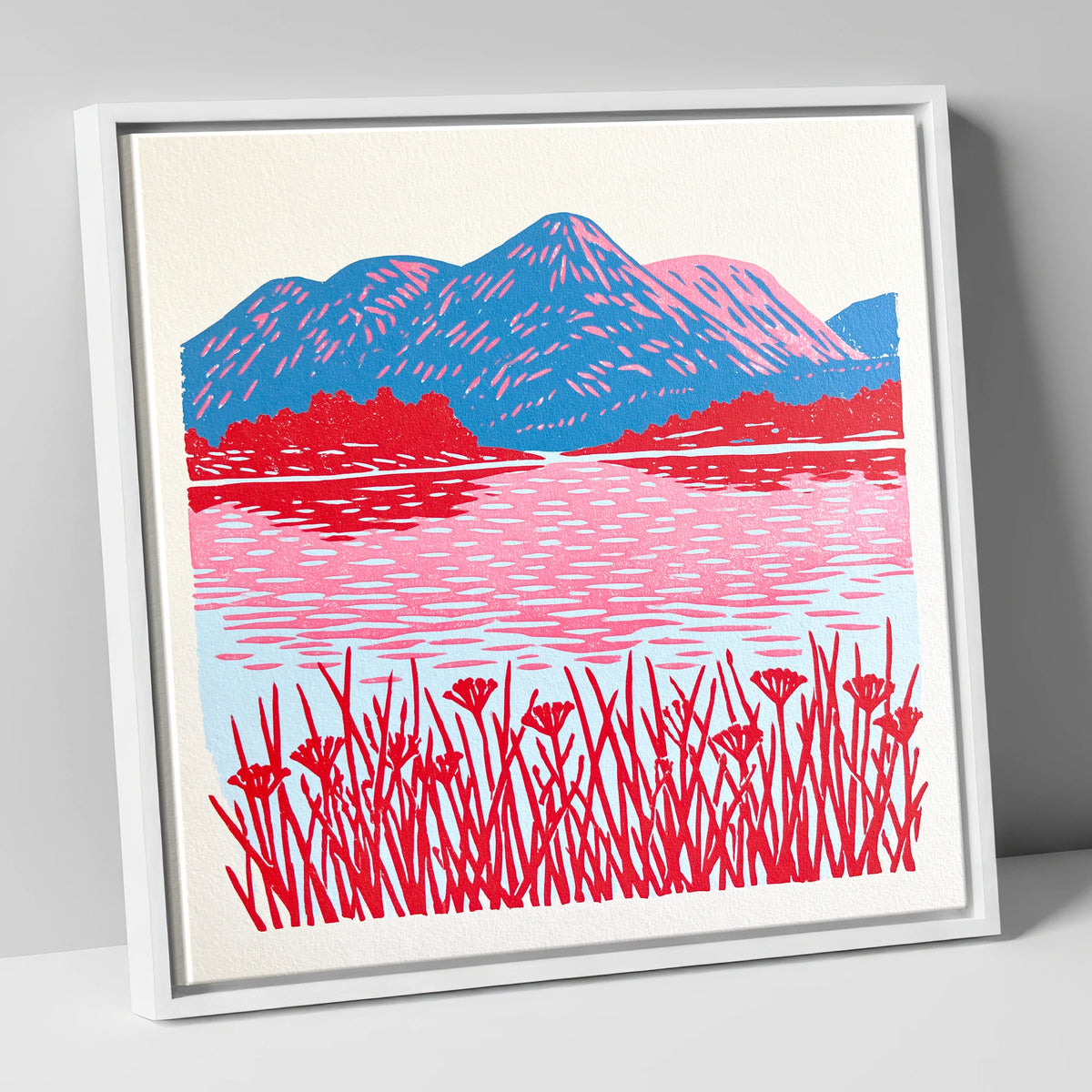 Vibrant Lake And Cobalt Fells lake district lake canvas wall art in white frame