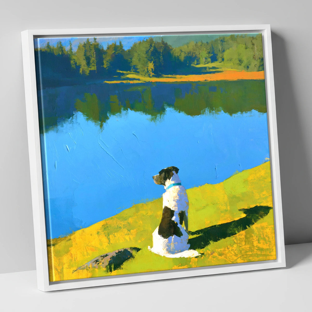 Sunlit Dog Beside Tarn Hows tarn hows wall art canvas wall art in white frame