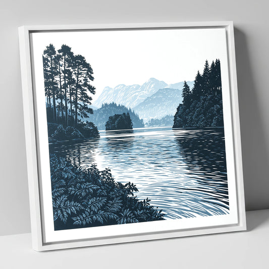 Deep Blue Lake at Dawn lake district lake canvas wall art in white frame