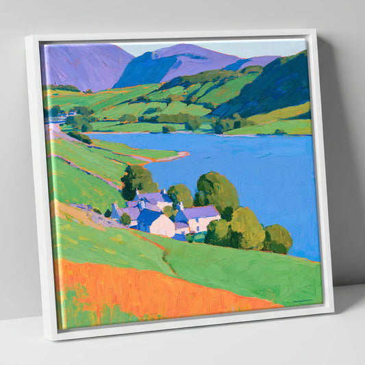 Vibrant Lakeside Village Scene lake district village canvas wall art in white frame