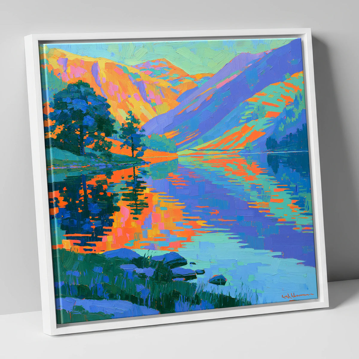 Vibrant Fells and Lake Reflections lake district lake canvas wall art in white frame