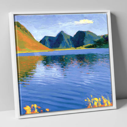 Vibrant Reflections on Loweswater lake district lake canvas wall art in white frame