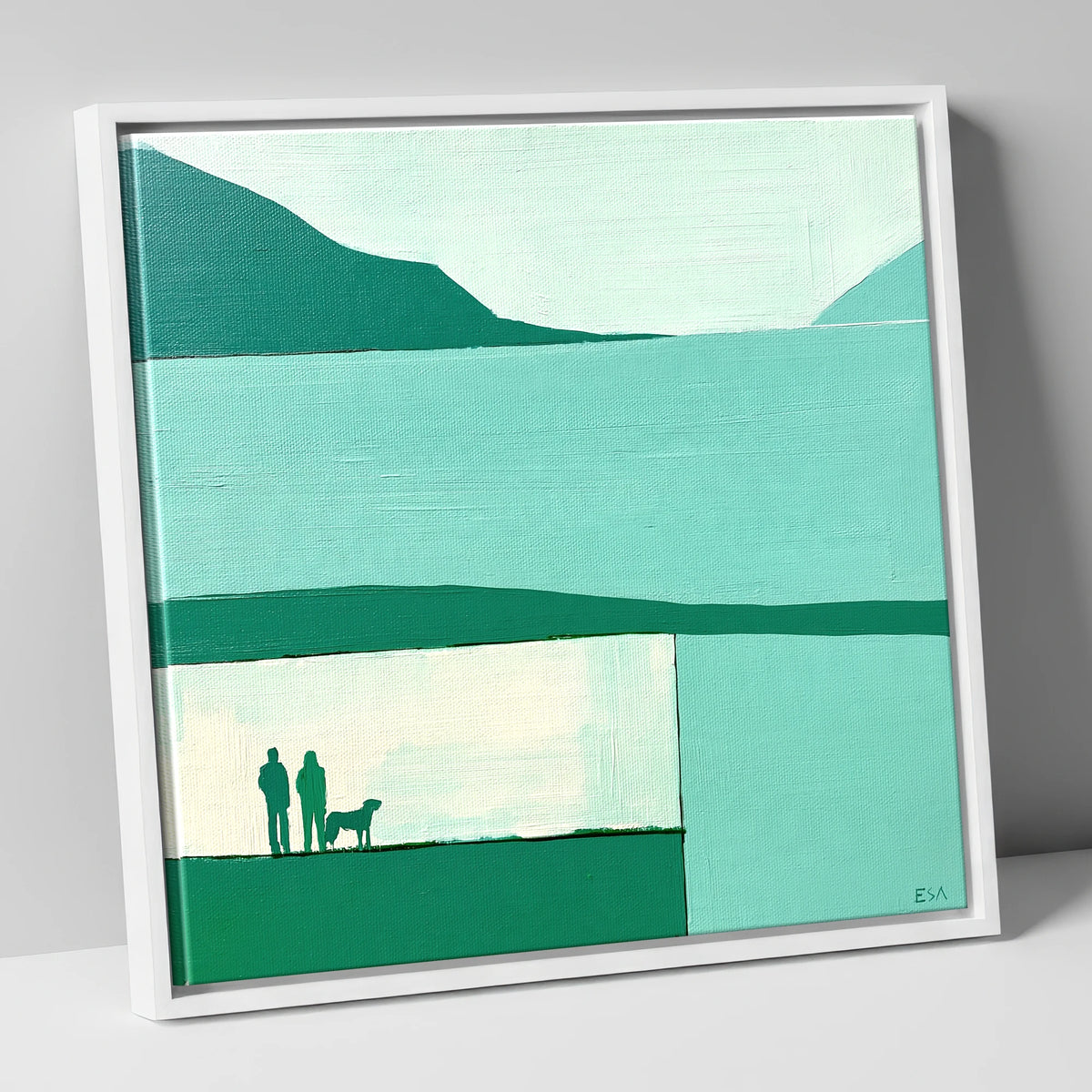 Glenridding Dog Walkers in Teal gifts for dog walkers canvas wall art in white frame