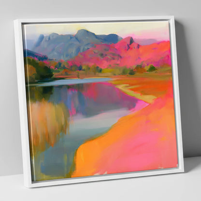 Vibrant Elterwater and Pink Fells lake district lake canvas wall art in white frame