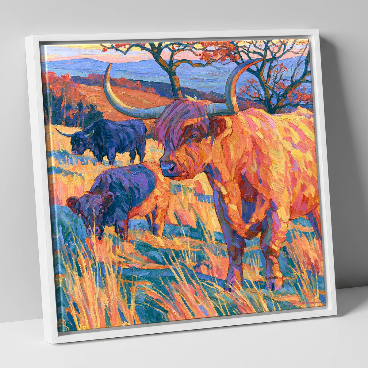 Highland Cattle in Vibrant Fell Light lake district wildlife canvas wall art in white frame