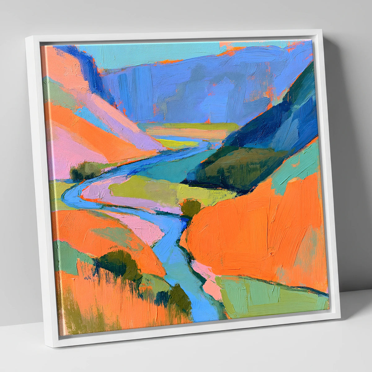 Bold Winding River Valley lake district waterfall canvas wall art in white frame