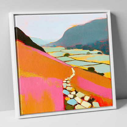 Colourful Fell Path to Patterdale lake district village canvas wall art in white frame