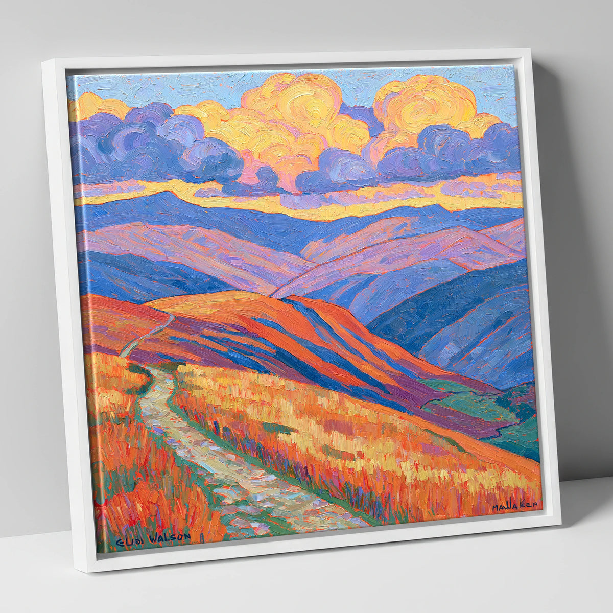 Colourful Rolling Fells Under Cloud lake district fell canvas wall art in white frame