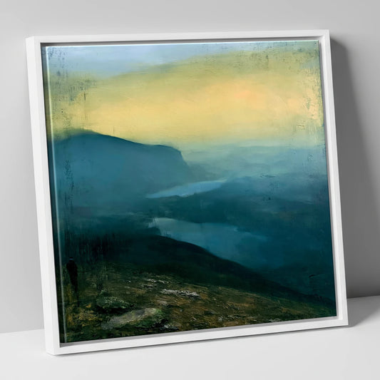Deep Teal Fell Summit View lake district fell canvas wall art in white frame