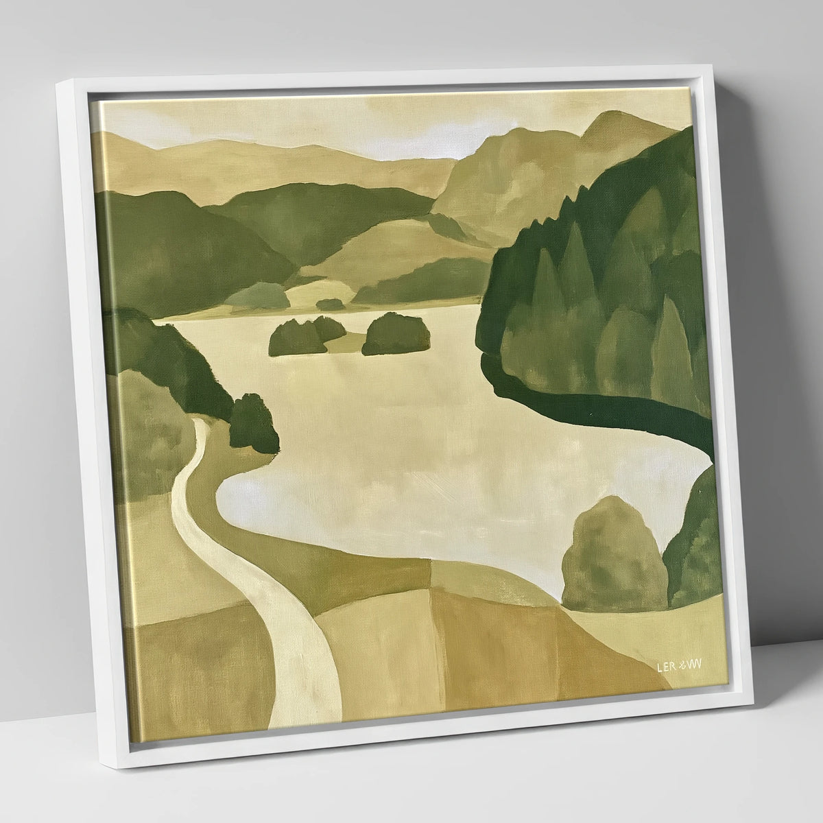 Winding Path at Rydal Water lake district lake canvas wall art in white frame