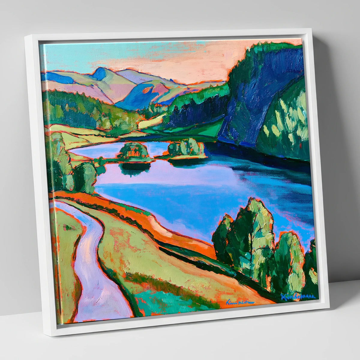 Colourful Path Beside Rydal Water lake district lake canvas wall art in white frame