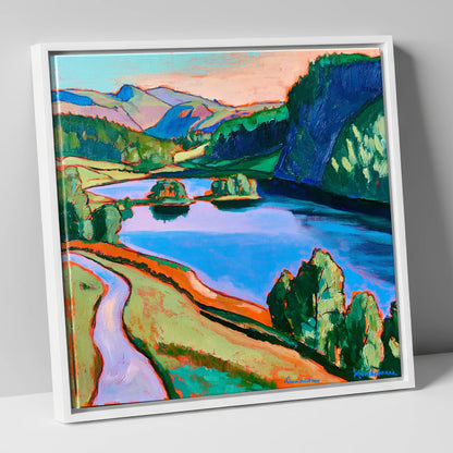 Colourful Path Beside Rydal Water lake district lake canvas wall art in white frame